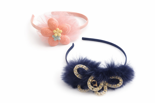 Kids Hairband Combo Set of 2 - Peach Floral & Navy Blue Designer Hairbands for Girls